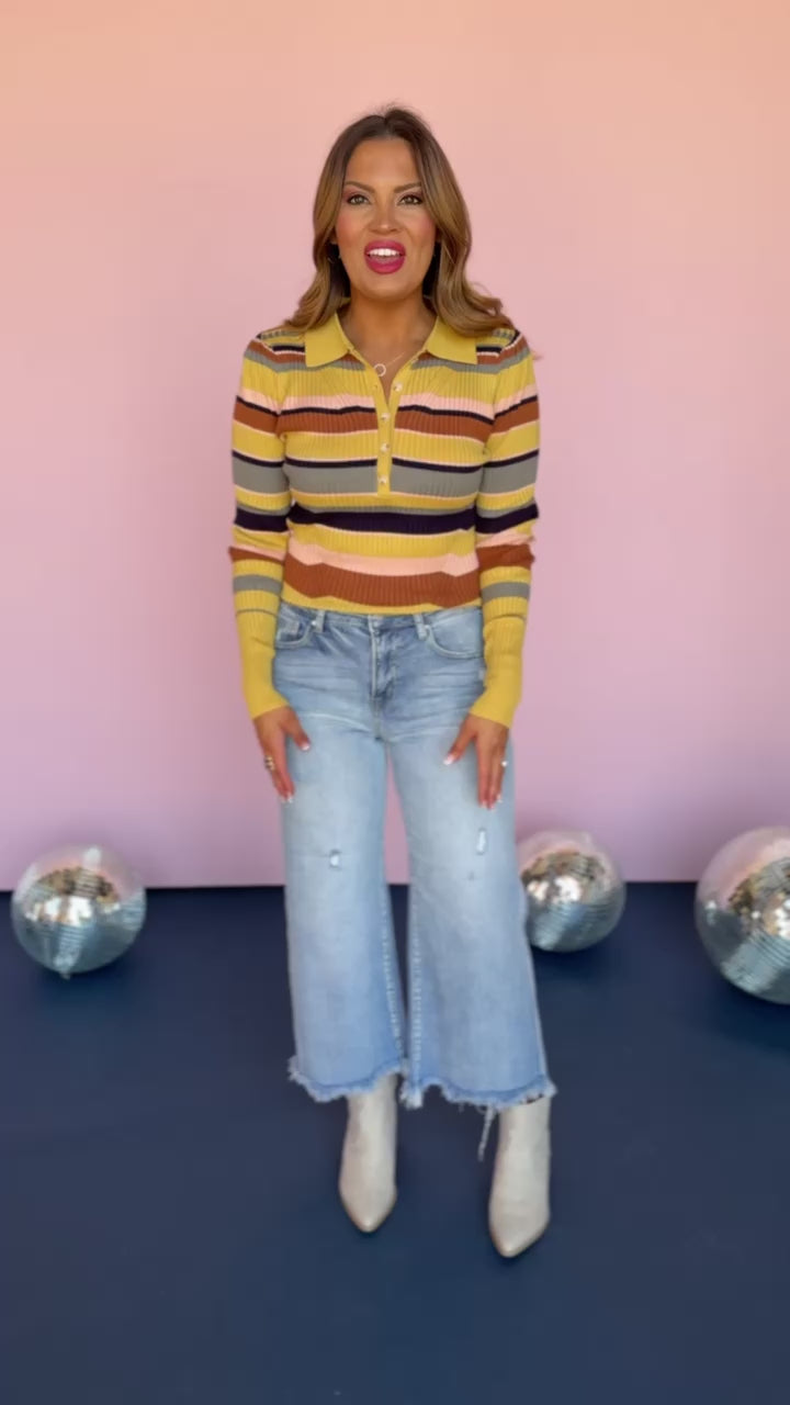 Yellow Multi Knit Stripe Collared Sweater, fall sweater, trendy sweater, stripe sweater, sweater inspo, fall sweater inspo, mustard yellow sweter, chic sweater, everyday sweater, everyday stripe fall sweater, elevated basics, SSYS by mallory fitzsimmons 