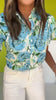Blue Floral Print Frill Neck Short Puff Sleeve Top