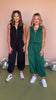 Hunter Green Collared Zip Up Sleeveless Self Tie Waist Jogger Jumpsuit