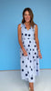Blue Polka Dot V Neck Sleeveless Bow Shoulder Pleated Midi Dress
