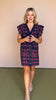 Navy Plaid Button Up Self Tie Detail Short Ruffle Sleeve Dress