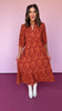 Rust Floral Collared Split Neck 3/4 Sleeve Tiered Midi Dress