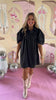 Black Poplin Collared Button Down Frill Puff Sleeve Dress