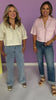 Pink Denim Collared V Neck Front Flap Pocket Top