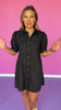 Black Collared Button Down Swirl Trim Short Puff Sleeve Dress
