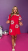 Red Multi Embroidered Flower Short Puff Sleeve Dress