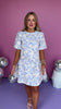Blue Round Neck Short Bubble Sleeve High Low Ruffle Skirt Dress