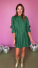 Green Eyelet Frill Neck Cuff Detail 3/4 Sleeve Pleated Dress