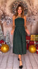 Hunter Green Embroidered Pleated Bodice Smocked Back Midi Dress *FINAL SALE*