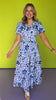 Blue Floral Printed Split Neck Smocked Waist Short Sleeve Maxi Dress