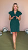 Green Textured Ruffle V Neck Short Bubble Sleeve Dress