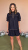 Black Contrast Piping Detail High Ruffle Neck Short Sleeve Dress