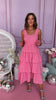 Pink Gingham Sleeveless Smocked Bodice Multi Ruffle Skirt Midi Dress