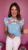 Blue Frill Mock Neck Embroidered Ruffle Sleeve Top *FINAL SALE*