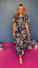 Navy Floral Frill Slit Neck Smocked Waist Short Puff Sleeve Tiered Maxi Dress