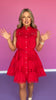 Red Lace Trim Detail Sleeveless Self Tie Waist Dress