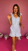 Light Blue V Neck Flower Detail Shoulder Sleeveless Ruffle Hem Romper *FINAL SALE*