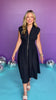 Black V Neck Zipper Front Smocked Waist Midi Dress *FINAL SALE*