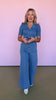 Denim Washed Collar Front Zipper Braid Trim Wide Leg Jumpsuit