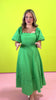 Green Square Neck Ric Rac Trim Puff Sleeve Midi Dress