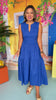 Blue V Neck Lace Trimmed Bodice Midi Dress