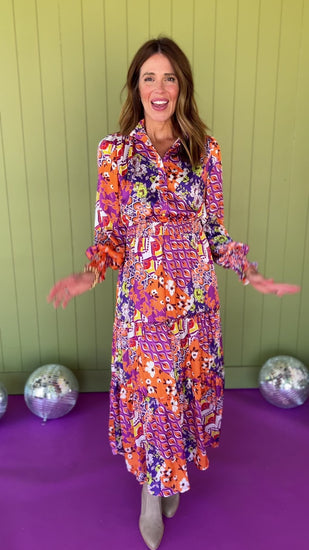 Orange Multi Abstract Print Frill Neck Half Button Up Midi Dress, fall new arrivals, easy to wear dress, bright colors, occasion ready, mom style, easy and chic, shop style your senses by Mallory fitzsimmons. 