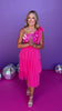 Hot Pink One Shoulder Flower Tulle Tiered Midi Dress
