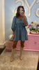 Denim Square Neck 3/4 Sleeve Front Bow Detail Dress