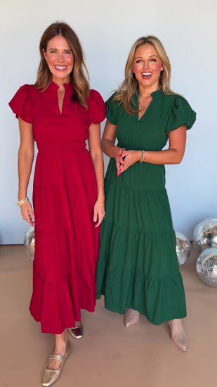 Hunter Green Split Neck Puff Short Sleeve Tiered Midi Dress, easy to wear, occasion dress, must-have silhouette, mom style, sunday morning dress, fall new arrivals, shop style your senses by mallory fitzsimmons. 