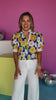 Blue Floral Print Multicolor Stripe Band Accent Top