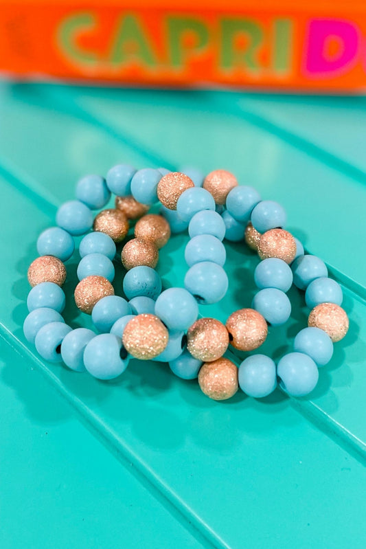 Turquoise Wood Gold Bead Bracelet Stack