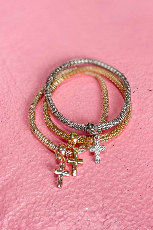 Gold Silver Textured Cross Charm Bracelet Stack