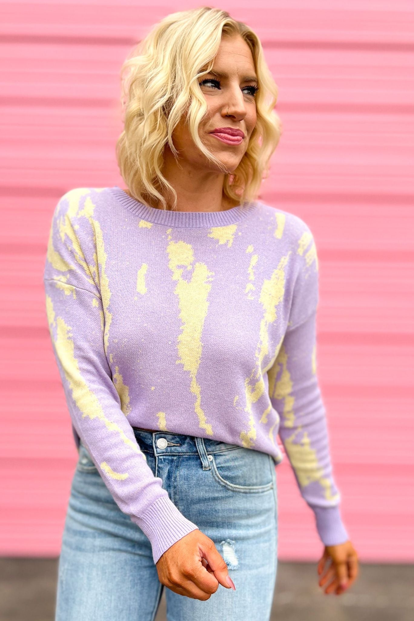 Lavender Printed Crew Neck Sweater,vibrant fall, swirl pattern, mom style, layered look, shop style your senses by mallory fitzsimmons
