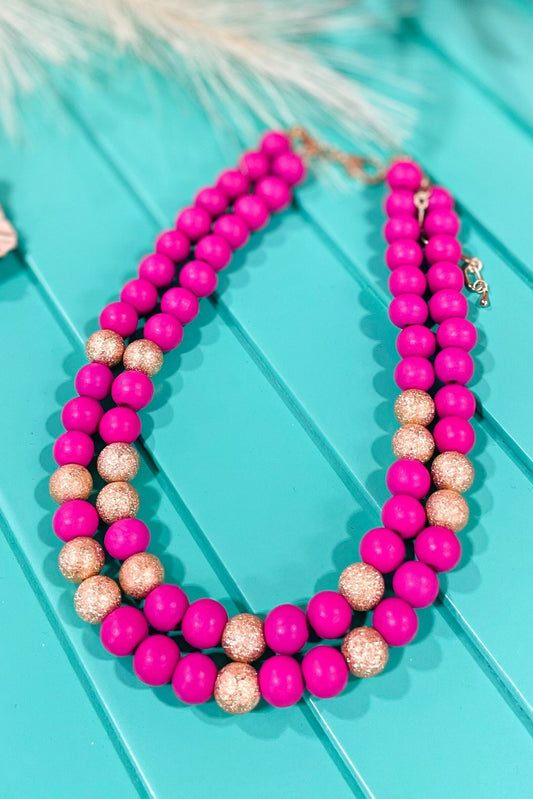 Fuchsia Wood Gold Bead Necklace