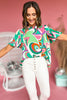 Mint Abstract Frill Neck Bubble Short Sleeve Top