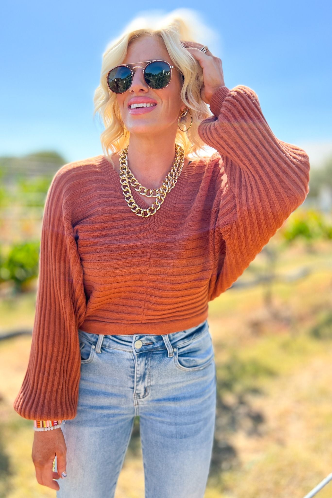 Brown V Neck Ribbed Knit Open Back Sweater, fall fashion, must have, sweater weather, mom style, date night, shop style your senses by mallory fitzsimmons