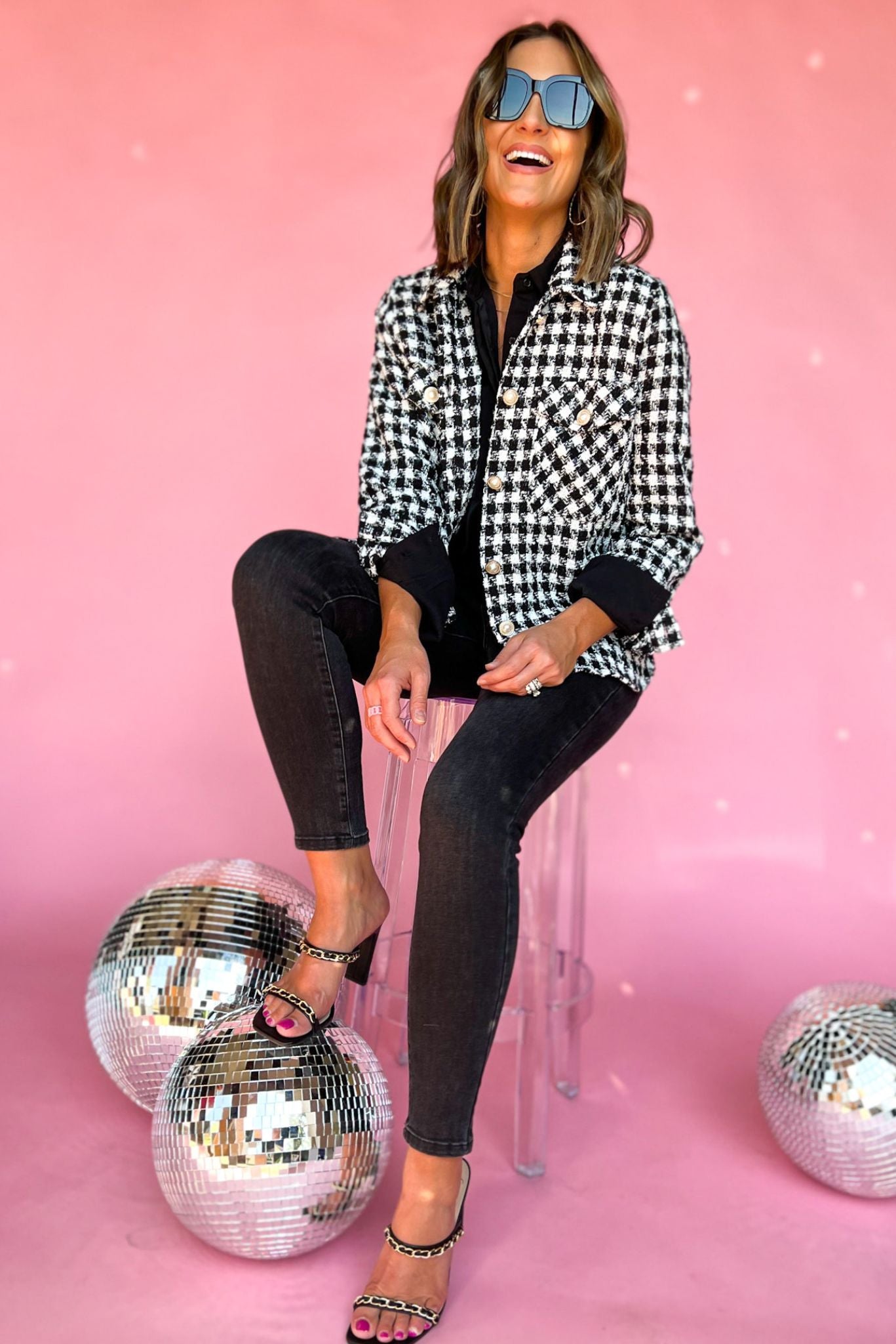 Black White Houndstooth Tweed Shacket, gold button detail, elevated look, chic, work wear, shop style your senses by mallory fitzsimmons