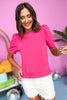 Hot Pink Pleated Puff Short Sleeve Sweatshirt Top, bubble sleeve, frill neck, spring color, spring look, must have, mom style, shop style your senses by mallory fitzsimmons