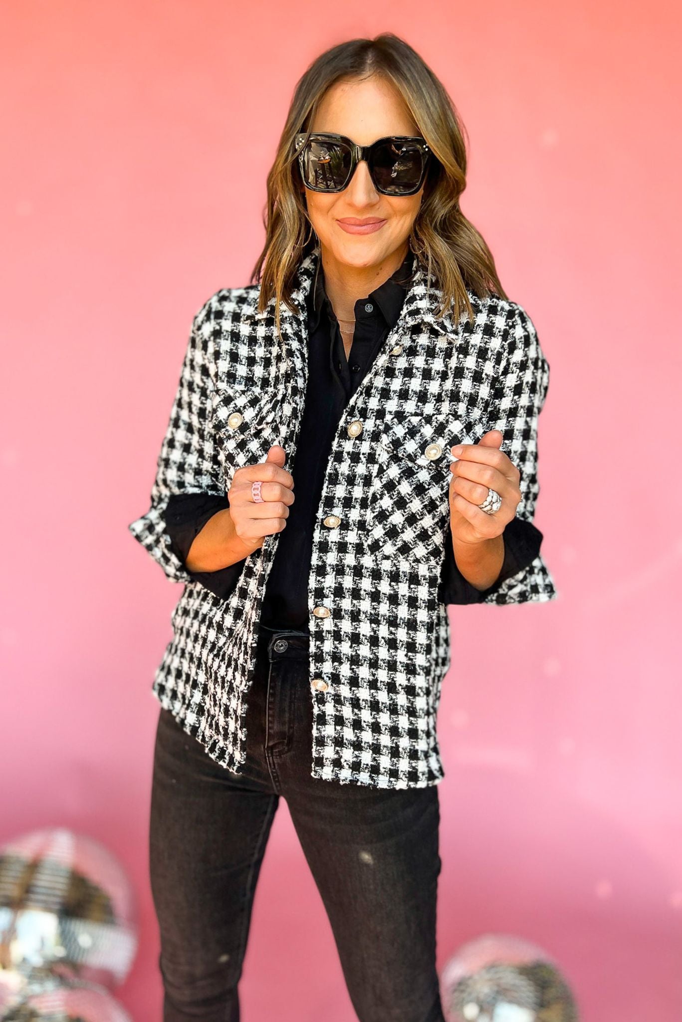 Black White Houndstooth Tweed Shacket, gold button detail, elevated look, chic, work wear, shop style your senses by mallory fitzsimmons