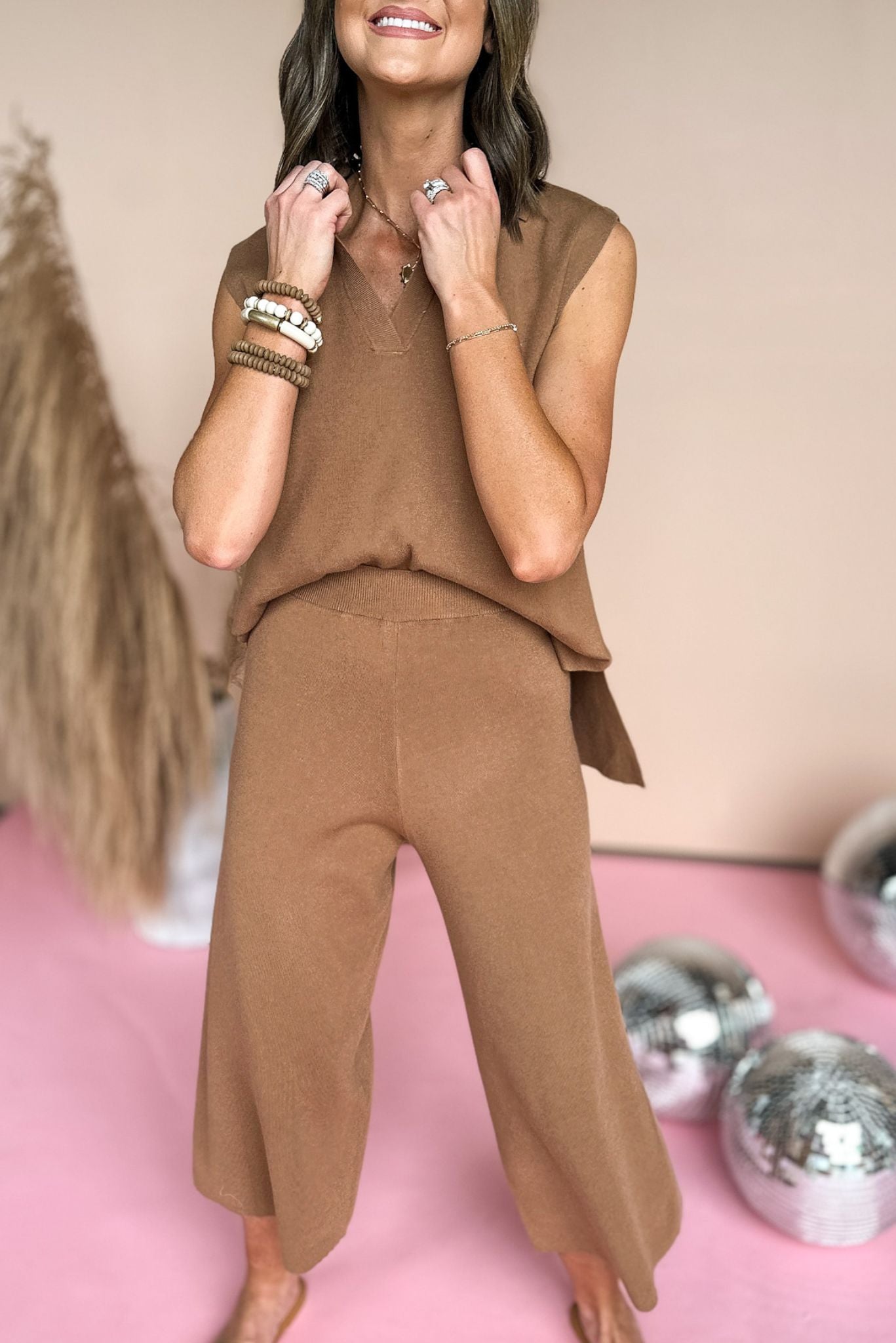 SSYS mocha Collared V-Neck Sleeveless Luxe Knit Top And Wide Leg Pants Set, travel set, luxe knit, mom style, two piece set, v neck, must have, shop style your senses by mallory fitzsimmons