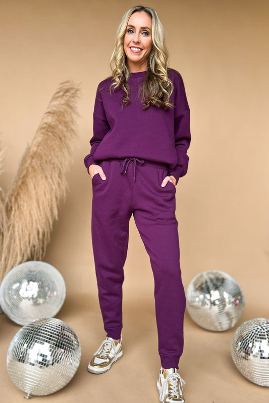 Purple Round Neck Pullover And Joggers Set, matching set, must have, lounge set, travel outfit, mom style, chic, shop style your senses by mallory fitzsimmons