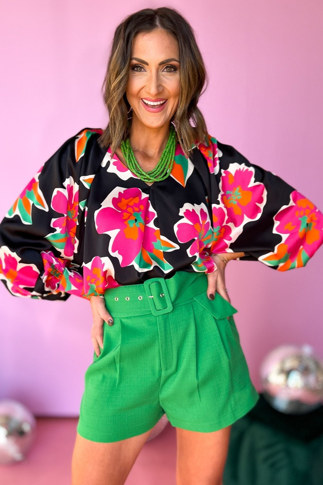 Black Floral V Neck Bubble Long Sleeve Top