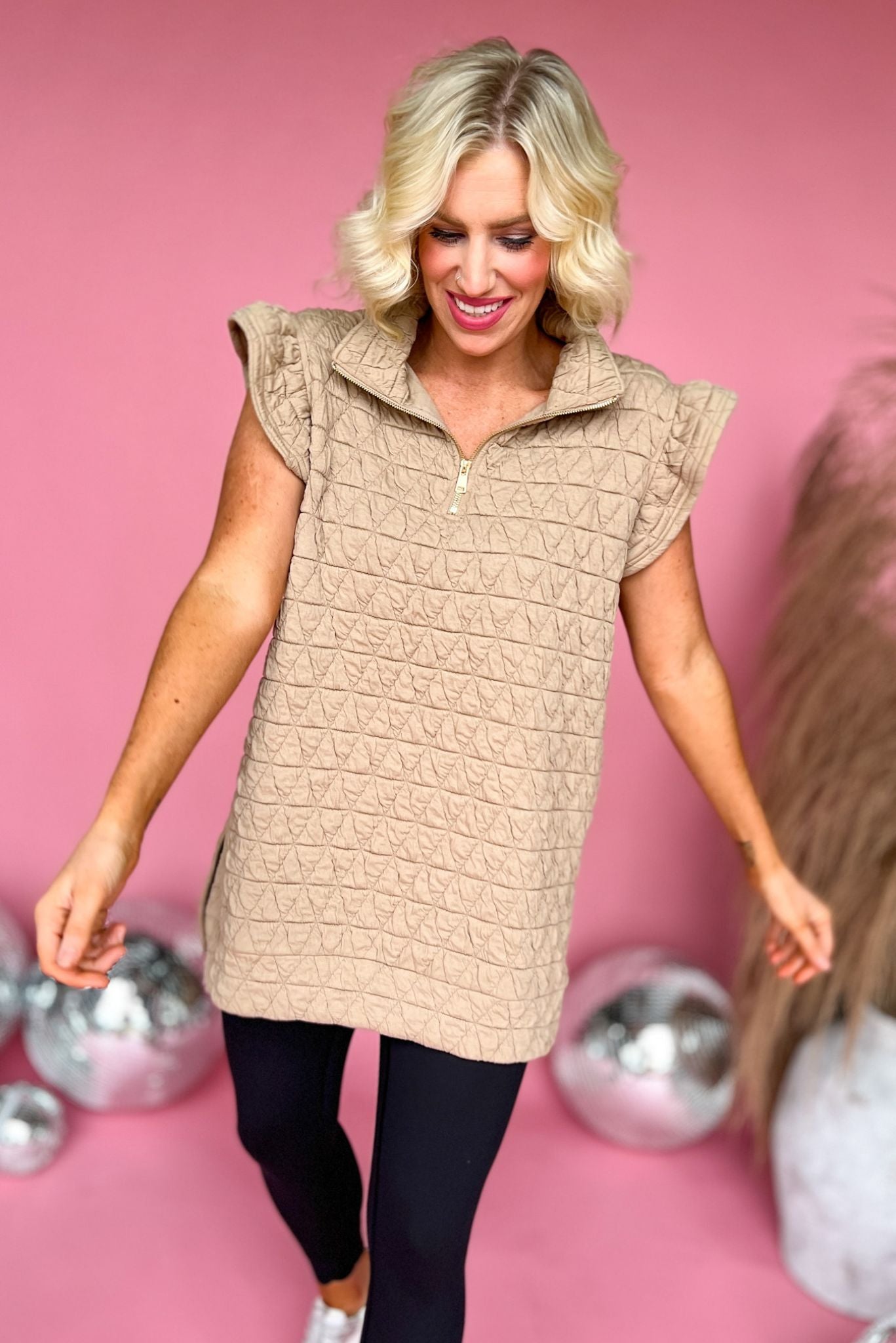 SSYS taupe Quilted Ruffle Shoulder Half Zip Pullover, custom piece, pullover, zip up, ruffle detail, mom style, shop style your senses by mallory fitzsimmons