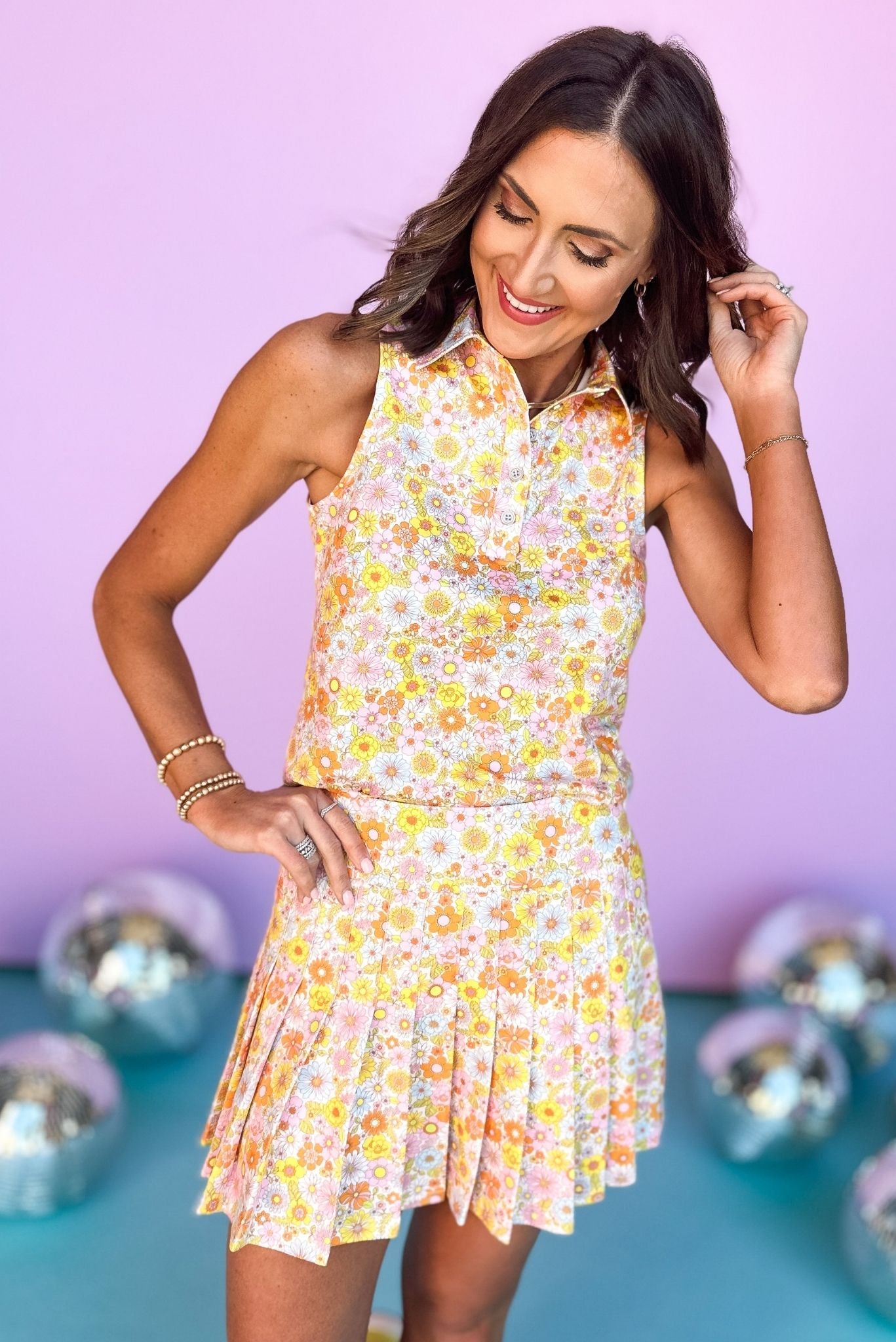 SSYS Pretty Floral Print Sleeveless Polo and Pleated Skort Pickleball Set, collar detail, pleated skirt, button, matching set, must have, shop style your senses by mallory fitzsimmons