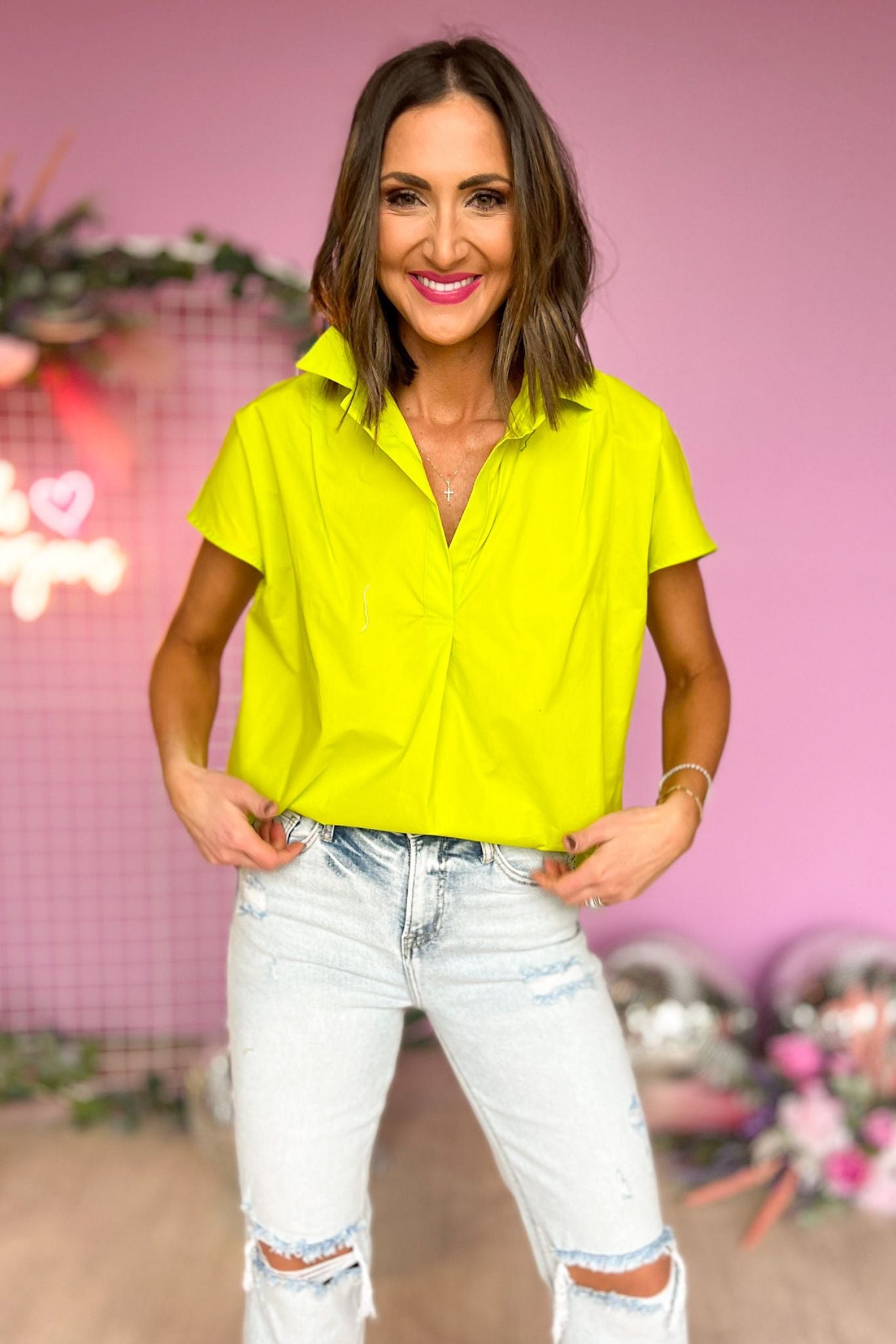 Lime Poplin Collared Short Sleeve Button Down Top