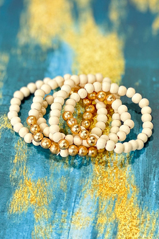 Ivory Wooden Beaded Gold Accent Bracelet Stack