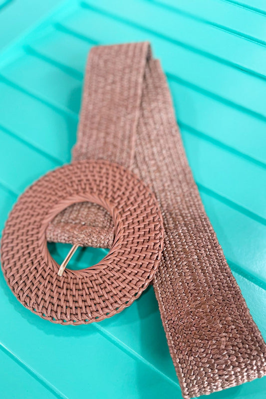 Mocha Rattan Round Buckle Stretch Belt