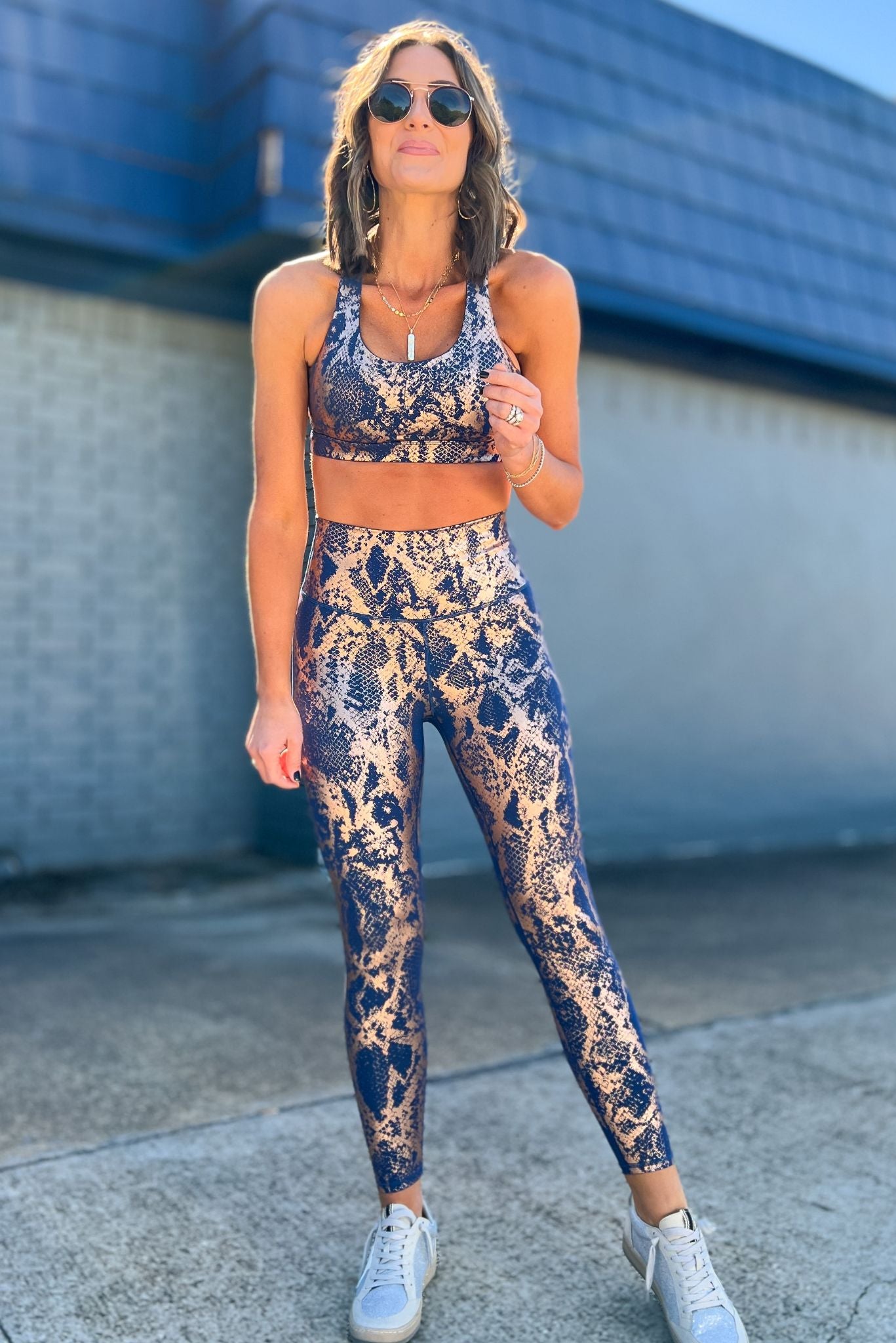 Copper Metallic Scale Print On Navy Active LeggingsSSYS The Label, athleisure, everyday wear, mom style, layered look, must have, shop style your senses by mallory fitzsimmons
