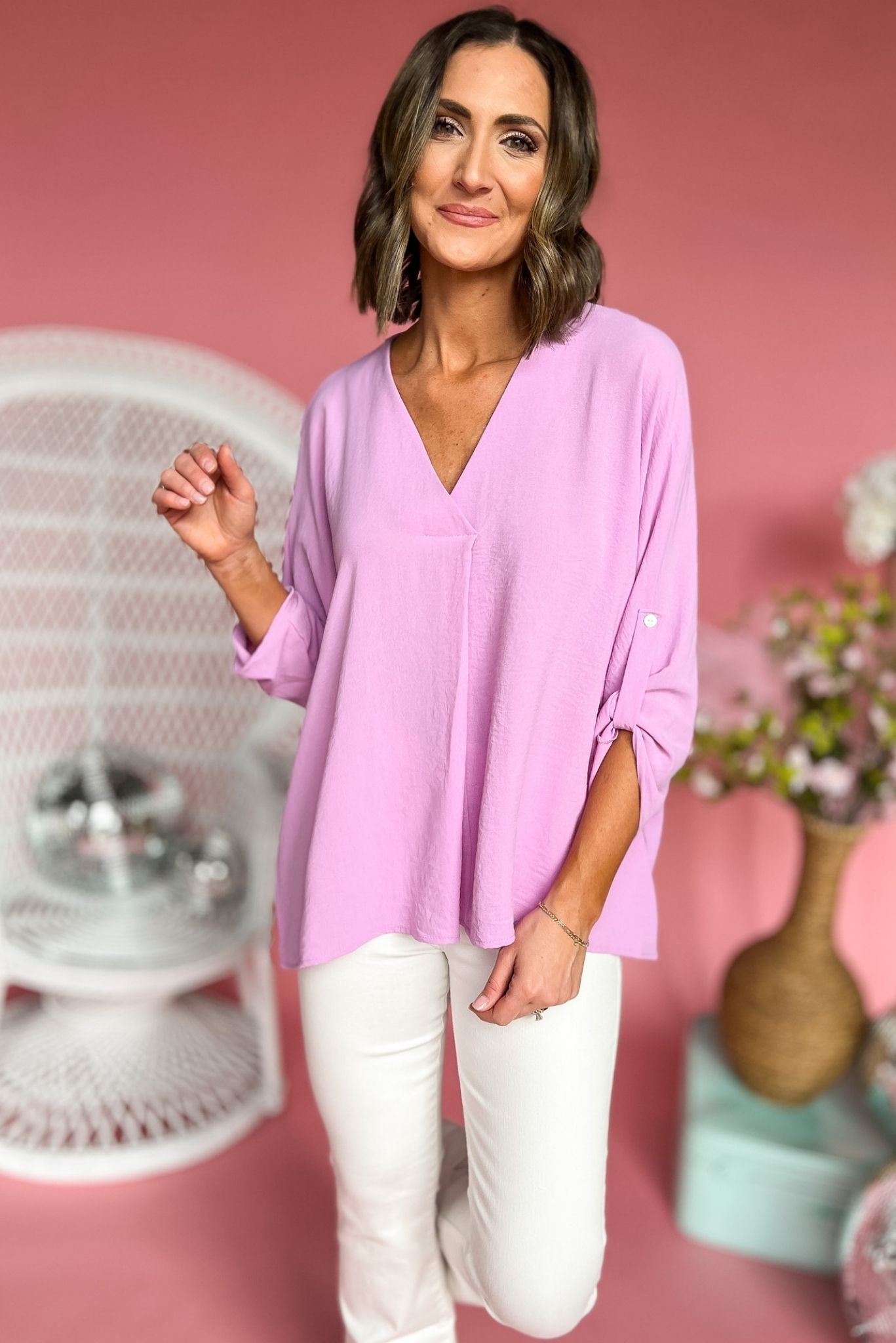 Lilac V Neck 1/2 Button Sleeve Top, spring fashion, flowy fit, must have, work to weekend, shop style your senses by mallory fitzsimmons