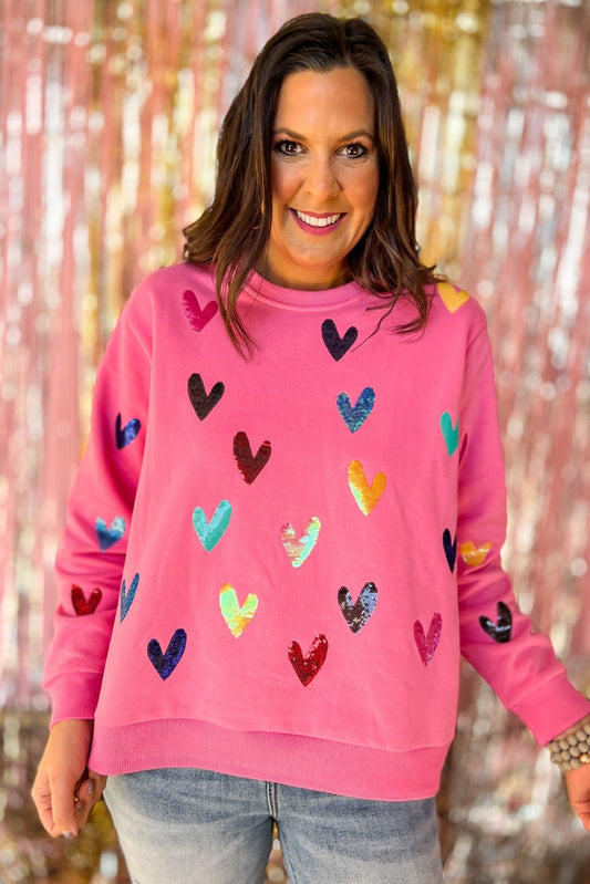 queen Of Sparkles Pink Multi Sequin Heart Sweatshirt queen of sparkles, valentine's day, all pink, trendy, date night look, mom style, elevated look, shop style your senses by mallory fitzsimmons